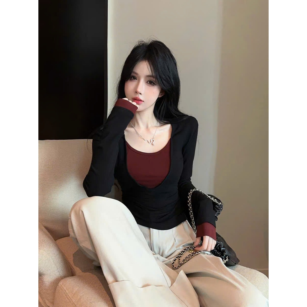 [CHẤT COTTON LOẠI 1] Áo Thun Dài Tay Phối 2 Lớp Đỏ Đen RANSHI Tiểu Thư Hotgirl Dễ Phối Đồ Cotton Mềm Mát - RA339