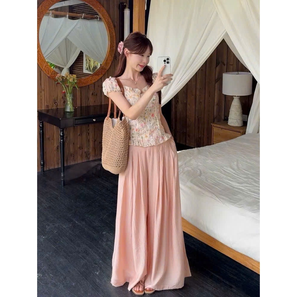 set quần đũi xếp li ống rộng mix áo áo thô hoa nhí chạy mocking sau lưng mặc được 2 kiểu, set bộ nữ hot hit có túi