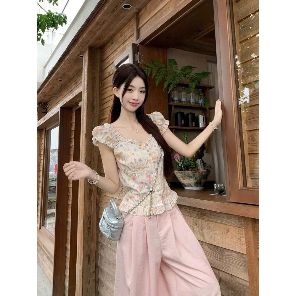 set quần đũi xếp li ống rộng mix áo áo thô hoa nhí chạy mocking sau lưng mặc được 2 kiểu, set bộ nữ hot hit có túi