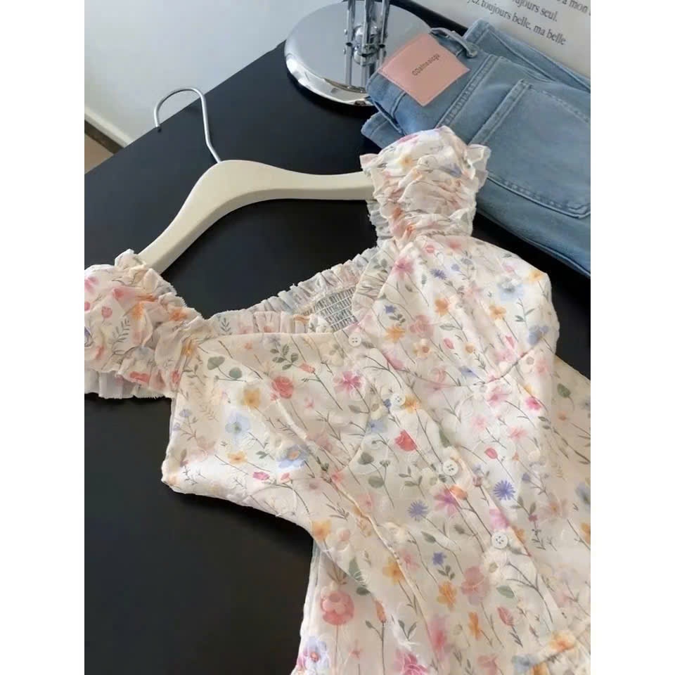 set quần đũi xếp li ống rộng mix áo áo thô hoa nhí chạy mocking sau lưng mặc được 2 kiểu, set bộ nữ hot hit có túi