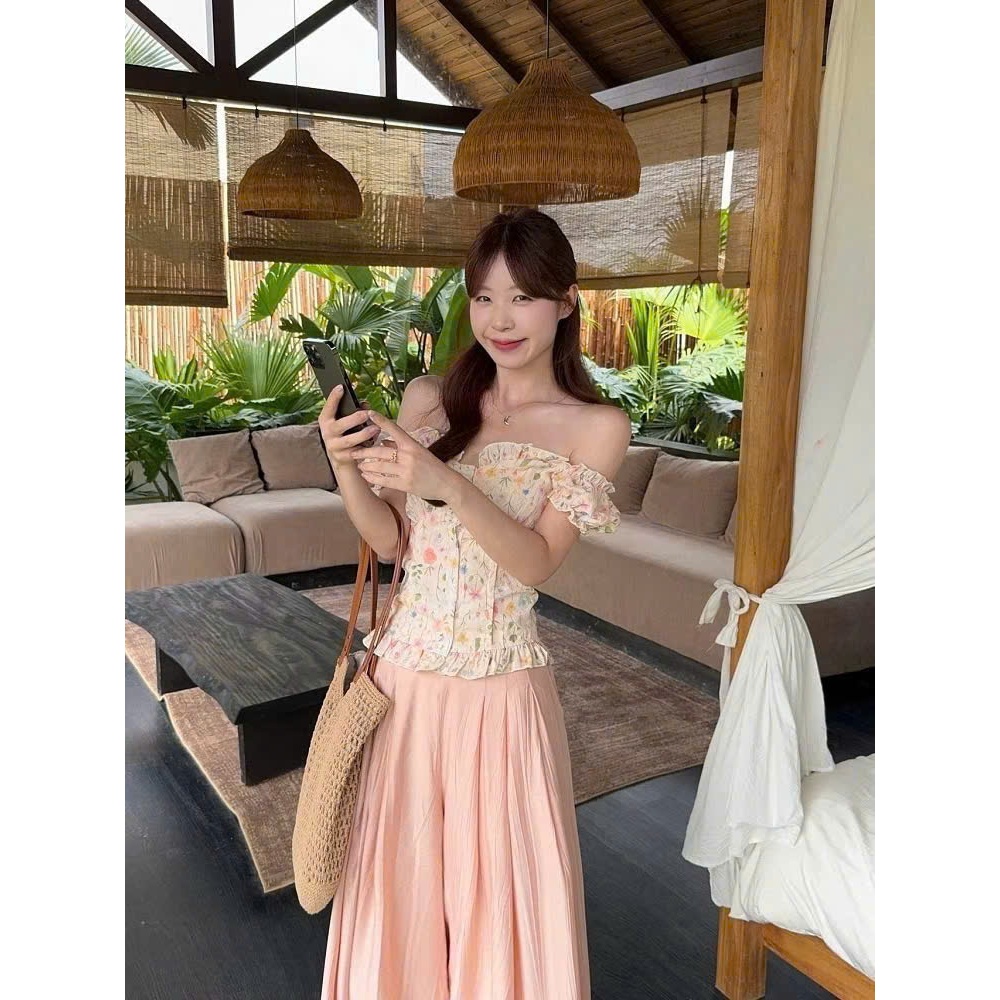 set quần đũi xếp li ống rộng mix áo áo thô hoa nhí chạy mocking sau lưng mặc được 2 kiểu, set bộ nữ hot hit có túi