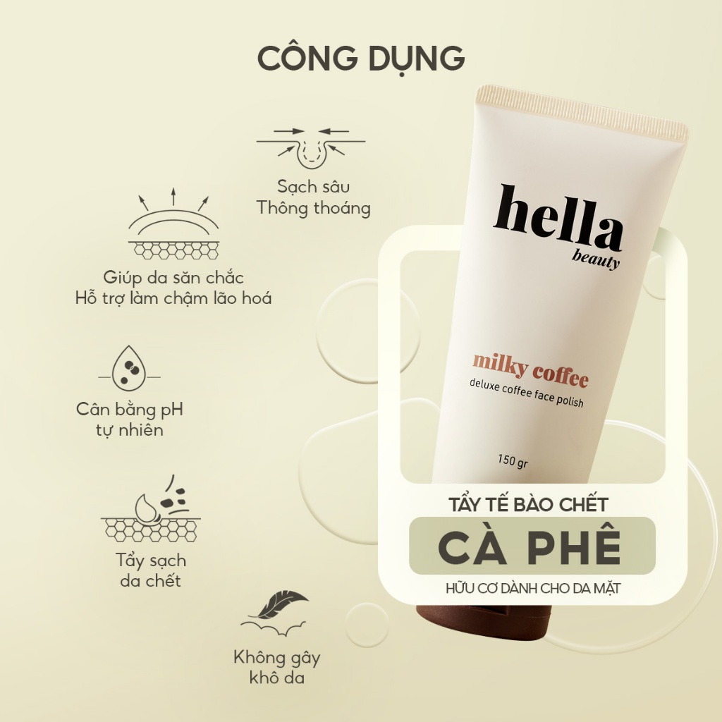 [ƯU ĐÃI HÔM NAY] Tẩy tế bào chết da mặt cà phê Hella Beauty 150g làm sạch sâu hỗ trợ sáng da đều màu