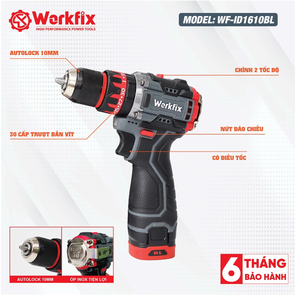 Máy khoan pin Workfix WF-ID1610BL 16.8V 2 cấp độ 3 chức năng búa khoan vít, đầu 10mm có autolock động cơ không chổi than
