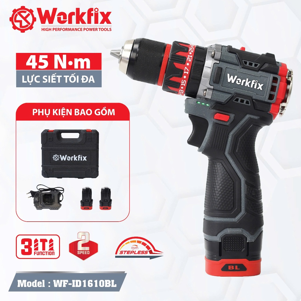 Máy khoan pin Workfix WF-ID1610BL 16.8V 2 cấp độ 3 chức năng búa khoan vít, đầu 10mm có autolock động cơ không chổi than
