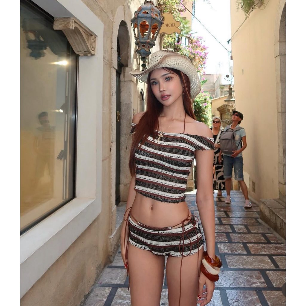 [MISA UNDERWEAR] Hỏa tốc HN, Bikini set 4 chi tiết len móc kẻ