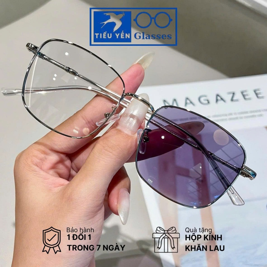 Kính cận titanium đổi màu khi ra nắng nam nữ 0 độ ngăn UV, form vừa mã V72502 - Tiểu Yến