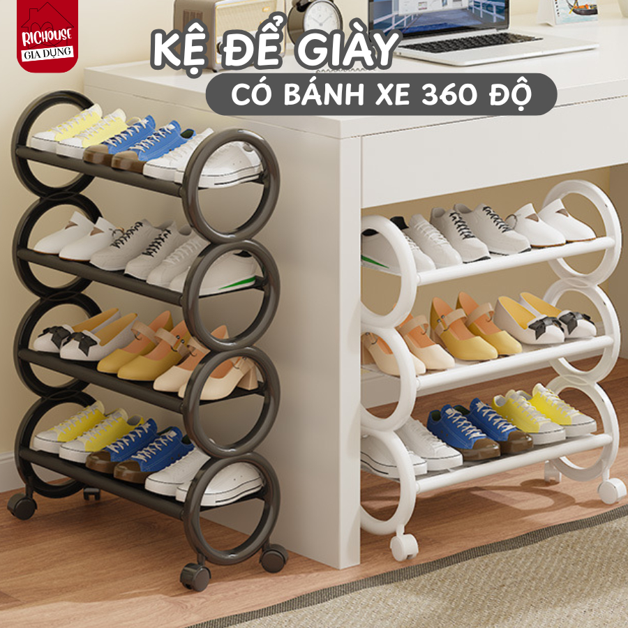 Kệ Để Giày 4 Tầng Có Bánh Xe Xoay 360 Độ, Giá Đựng Giày 3 Tầng Để Góc Nhỏ Gầm Bàn, Góc Tường