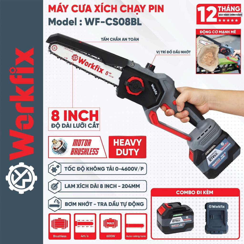Cưa xích 8inch dùng pin WORKFIX WF-CS08BL, Tốc độ khủng 46000v.p, Không ...
