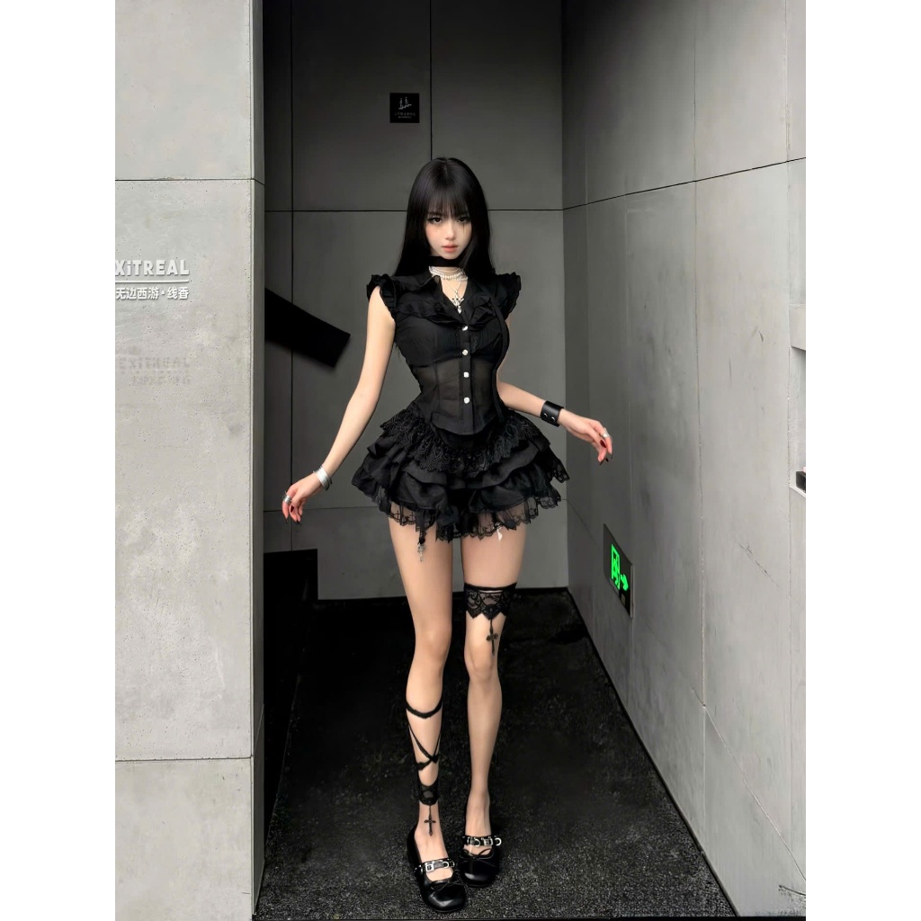 CB033 Set Bộ Áo Sơ Mi Xuyên Thấu Trang Trí Bèo Nhún Chân Váy Ngắn Xòe Phong Cách Sexy