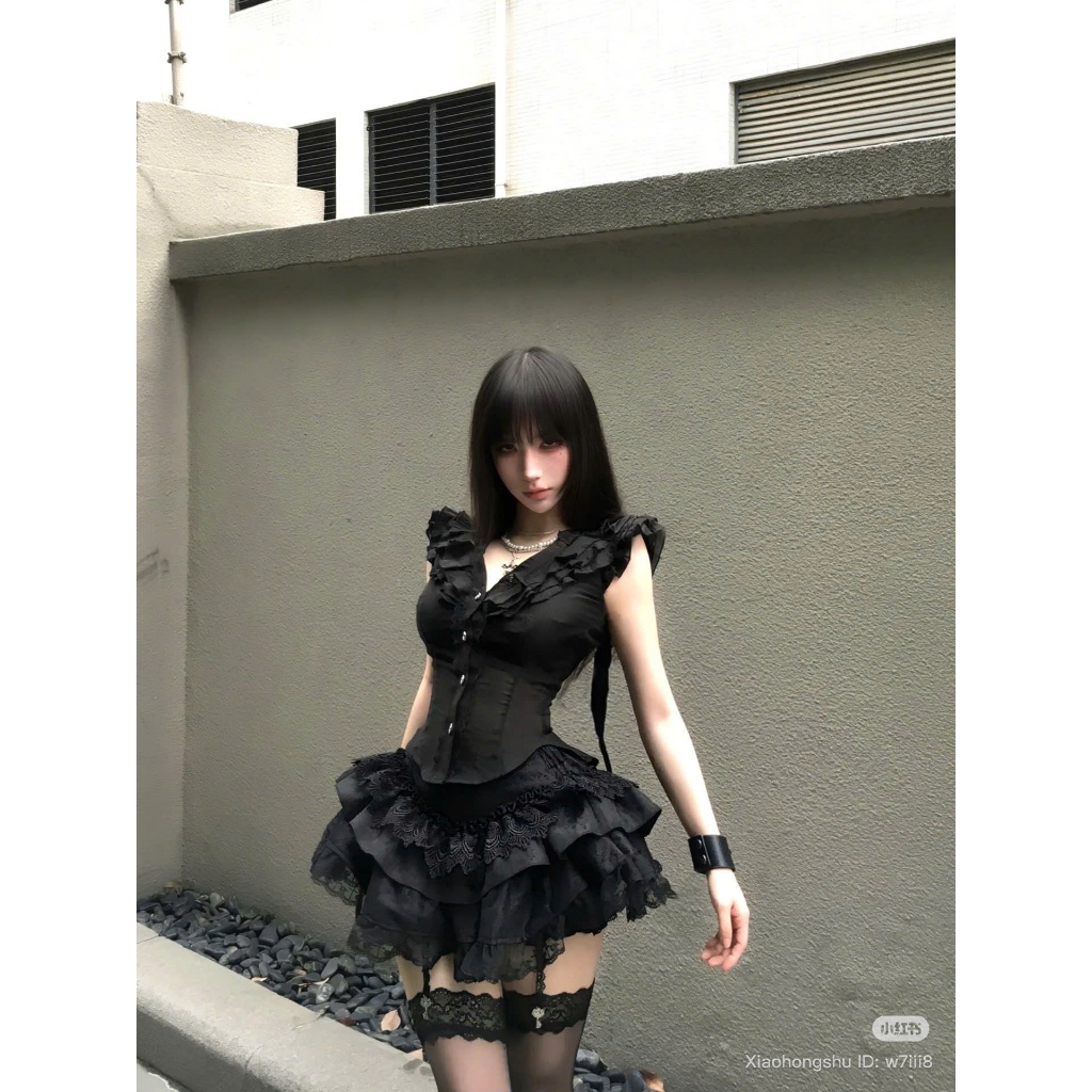 CB033 Set Bộ Áo Sơ Mi Xuyên Thấu Trang Trí Bèo Nhún Chân Váy Ngắn Xòe Phong Cách Sexy