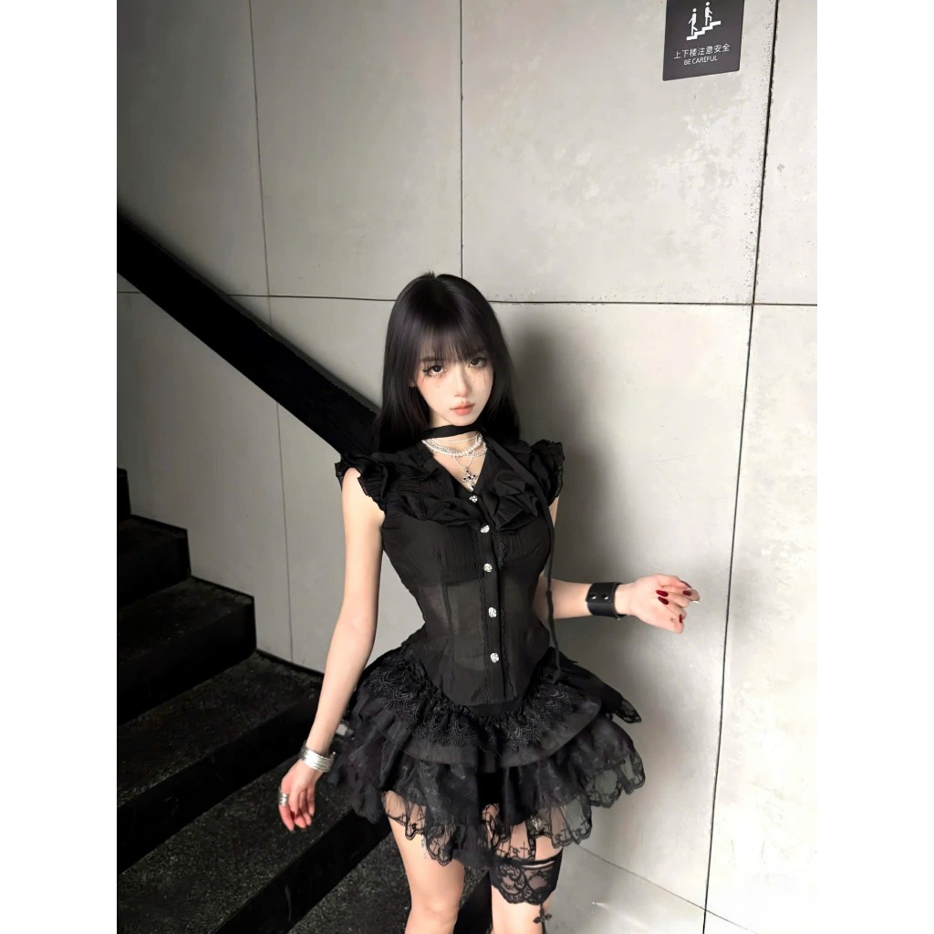 CB033 Set Bộ Áo Sơ Mi Xuyên Thấu Trang Trí Bèo Nhún Chân Váy Ngắn Xòe Phong Cách Sexy