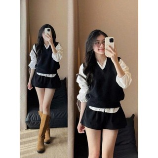 Áo gile len nữ lông thỏ cổ V form vừa - 247store