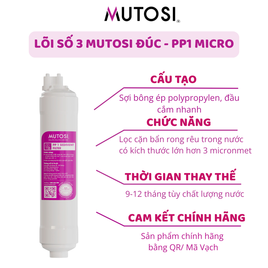 Combo Thô Mutosi Gồm Lõi 1 PP 5 Micron Loại Thường Và Lõi 2 OCB Lõi 3 PP1 Micron Dạng Đúc Dùng Cho Máy Lọc Nước RO....
