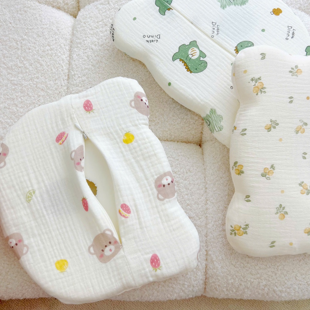 Gối cao su non cho bé, Gối lõm chống méo đầu vải muslin cao cấp kt 21x25cm ,mềm mại êm ái