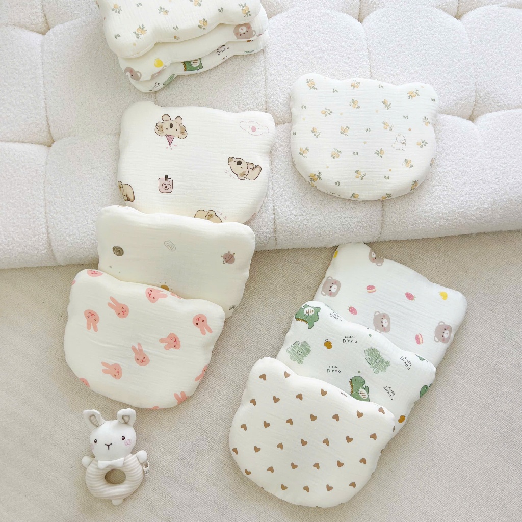 Gối cao su non cho bé, Gối lõm chống méo đầu vải muslin cao cấp kt 21x25cm ,mềm mại êm ái