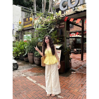 Áo Yếm Đan Dây Ngực Triết Eo Đuôi Bèo Phối Chun Lưng Co Giãn Đi Biển Đi Chơi 3 Màu Trắng/Đen/Vàng Xanh
