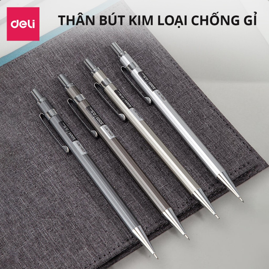 Bút Chì Kim Học Sinh Deli 0.5mm/0.7mm – Vỏ Kim Loại, Kèm Đầu Tẩy, Chống Gỉ