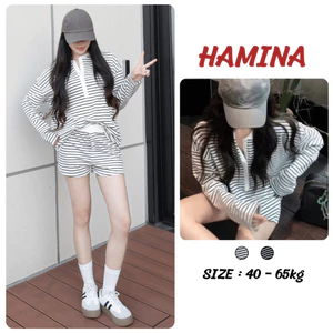 Set Đồ Bộ Nữ Cotton Kẻ Ngang Đen Trắng Basic Hamina Áo Dài Tay Cúc Ngực Phối Viền Cổ Trắng Mix Quần Đùi Trẻ Trung 492