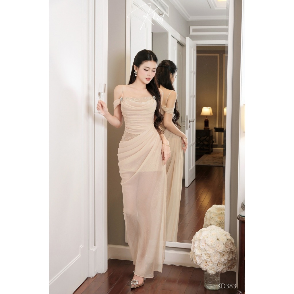 Đầm tiệc KHIẾT ren kim sa đính đá phủ lớp tơ châu sa rũ mềm quý phái KD383 KD383A