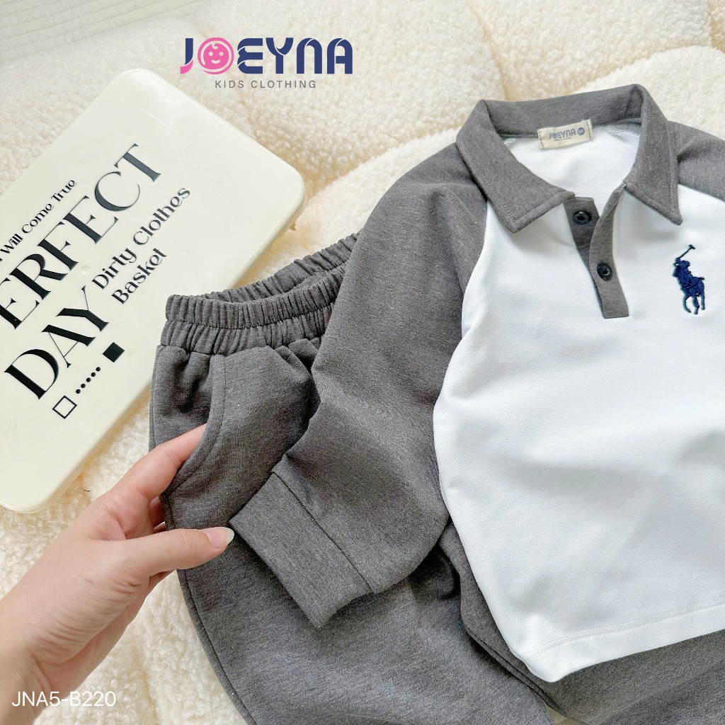 Bộ thu đông da cá thêu ngựa tay phối trơn màu basic cho bé, set bộ thu đông