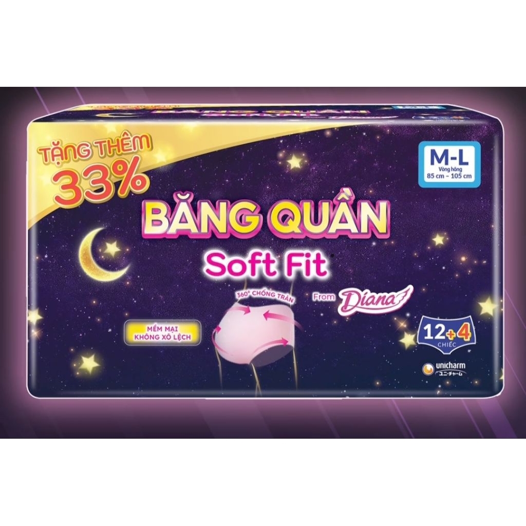 Băng quần Diana Soft Fit siêu mỏng S-M (60-95cm), M-L (85-105cm), L-XL (90-115cm).(gói12+4 miếng)