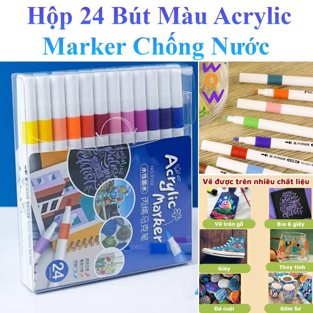 Hộp 24 Bút Màu Acrylic Marker Chống Nước Vẽ Trên Mọi Chất Liệu 13Cm Dễ Thương