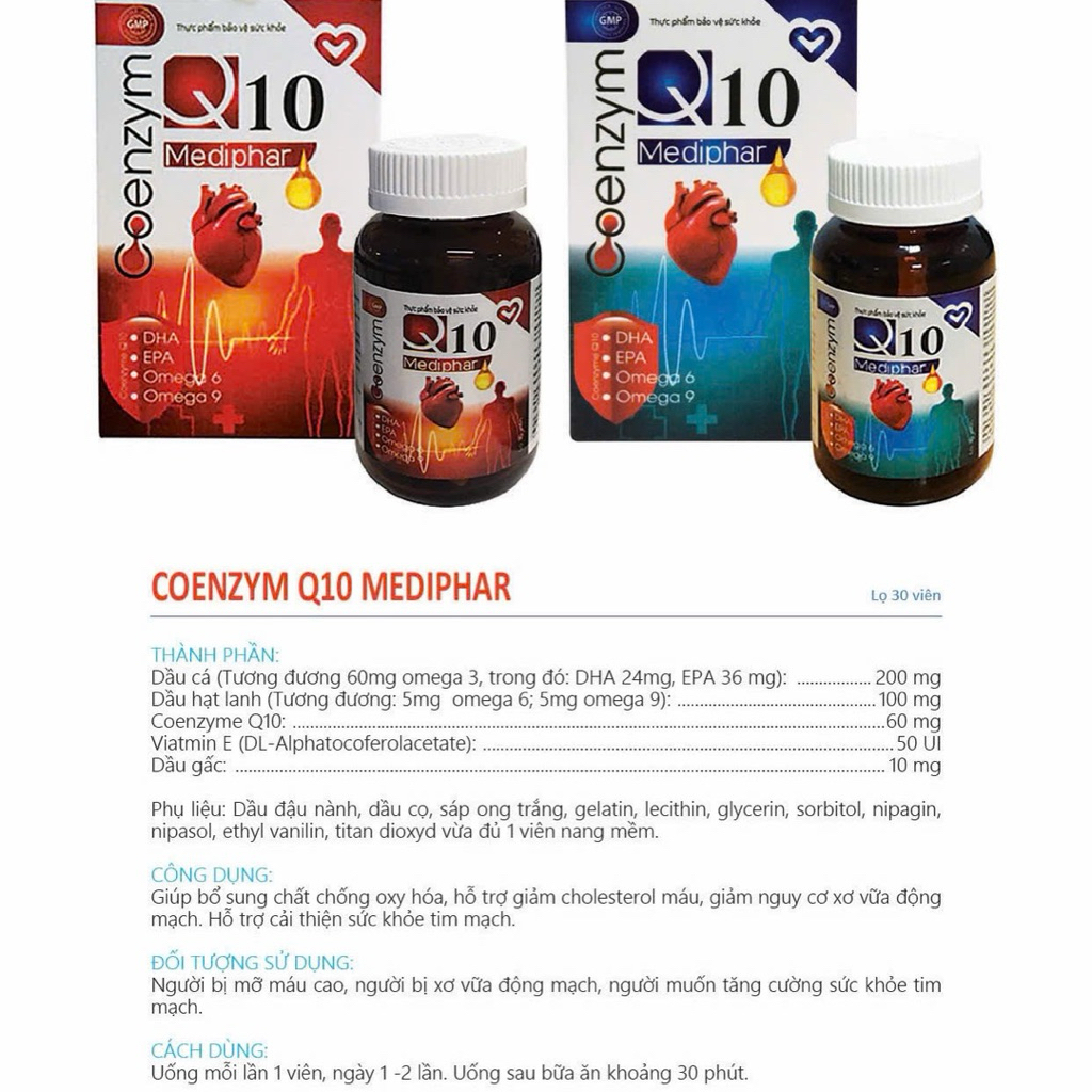 Coenzyme Q10 Mediphar là thực phẩm bổ sung hỗ trợ sức khỏe tim mạch hiệu quả, giúp tăng cường sức khỏe