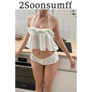 2Soonsumff Set 2 món yếm buộc dây cổ bèo viền ren xòe kèm quần lót lưng chun sexy cá tính cho nữ