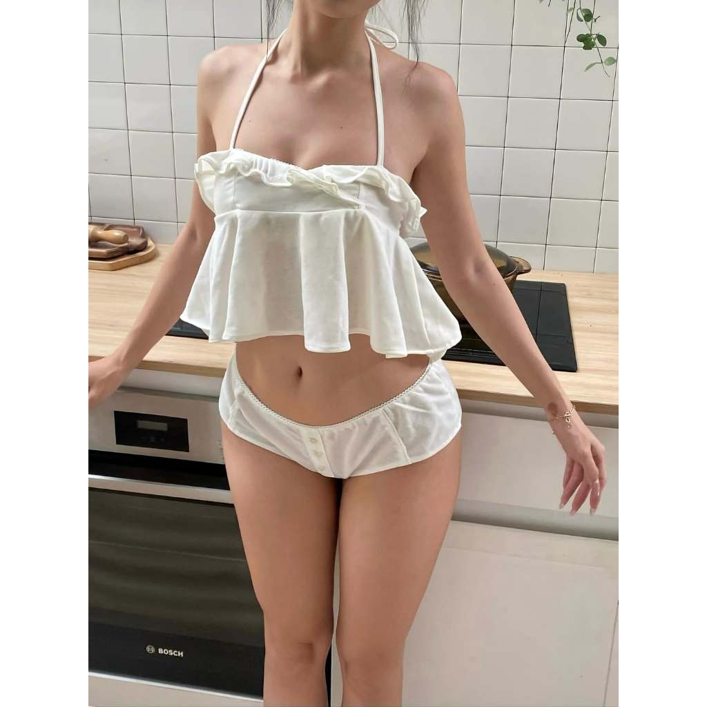 [HỎA TỐC HÀ NỘI] 2Soonsumff Set 2 món yếm buộc dây cổ bèo viền ren xòe kèm quần lót lưng chun sexy cá tính cho nữ