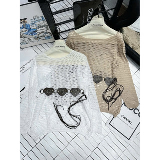LT - Áo len lưới nữ lệch vai, kèm đai tim xinh yêu cá tính free size 1336