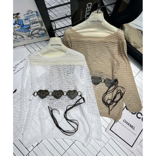 LT - Áo len lưới nữ lệch vai, kèm đai tim xinh yêu cá tính free size 1336