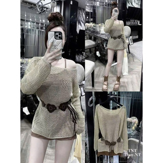LT - Áo len lưới nữ lệch vai, kèm đai tim xinh yêu cá tính free size 1336
