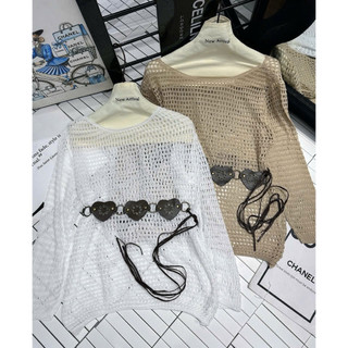 LT - Áo len lưới nữ lệch vai, kèm đai tim xinh yêu cá tính free size 1336