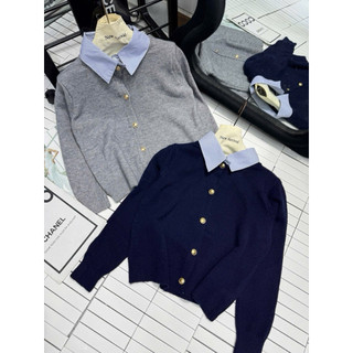 LT - Áo len nữ thu đông dài tay mix cổ sơ mi kẻ, len dệt kim thanh lịch khuy cài free size, 1339