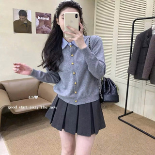 LT - Áo len nữ thu đông dài tay mix cổ sơ mi kẻ, len dệt kim thanh lịch khuy cài free size, 1339