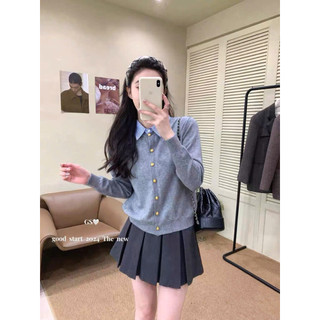 LT - Áo len nữ thu đông dài tay mix cổ sơ mi kẻ, len dệt kim thanh lịch khuy cài free size, 1339