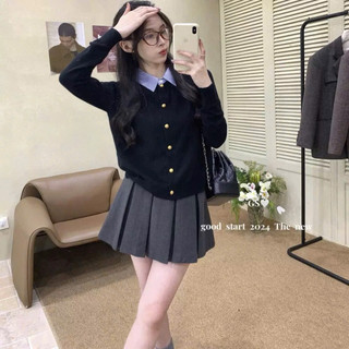 LT - Áo len nữ thu đông dài tay mix cổ sơ mi kẻ, len dệt kim thanh lịch khuy cài free size, 1339