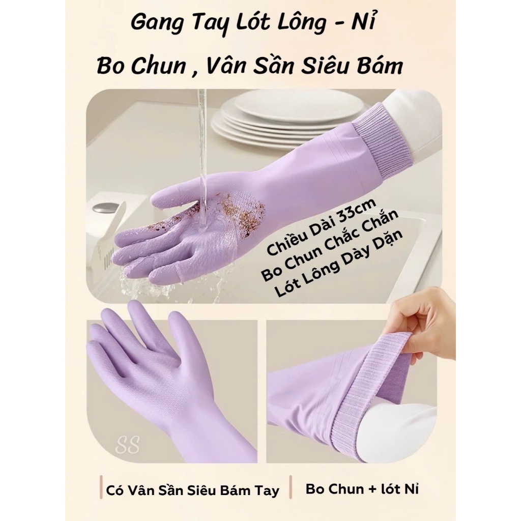 Gang tay lót nỉ dài 33cm,có bo chun ôm sát tay chống nước tràn làm ướt tay