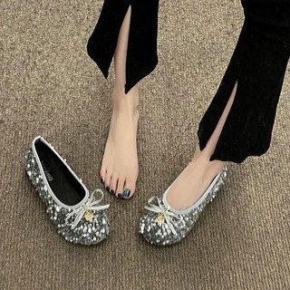 (Sẵn đen 37) Giày Bệt Đế Mềm Đính Sequin Lấp Lánh Cho Nữ Mùa Thu 2025 Kiểu Dáng Dạ Hội Mới