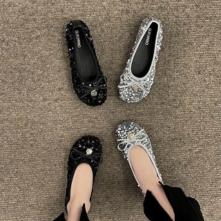 (Sẵn đen 37) Giày Bệt Đế Mềm Đính Sequin Lấp Lánh Cho Nữ Mùa Thu 2025 Kiểu Dáng Dạ Hội Mới