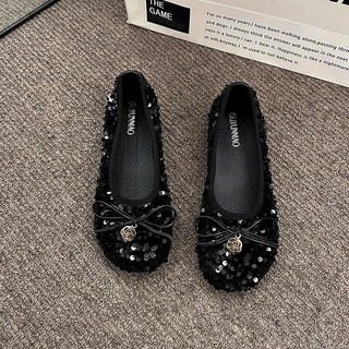 (Sẵn đen 37) Giày Bệt Đế Mềm Đính Sequin Lấp Lánh Cho Nữ Mùa Thu 2025 Kiểu Dáng Dạ Hội Mới