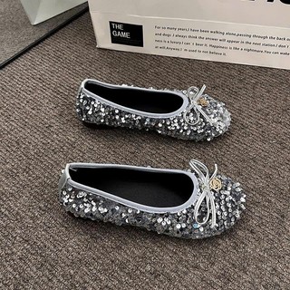 (Sẵn đen 37) Giày Bệt Đế Mềm Đính Sequin Lấp Lánh Cho Nữ Mùa Thu 2025 Kiểu Dáng Dạ Hội Mới