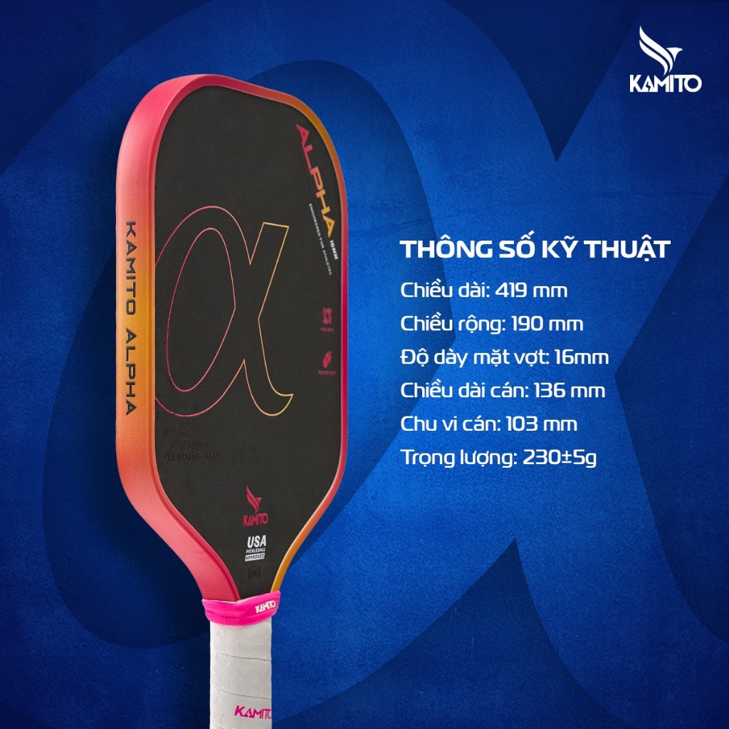 Vợt Pickleball Kamito Alpha (16mm)_Vợt Pickleball Lý Hoàng Nam, Chất Liệu Carbon T700, Trợ lực tốt