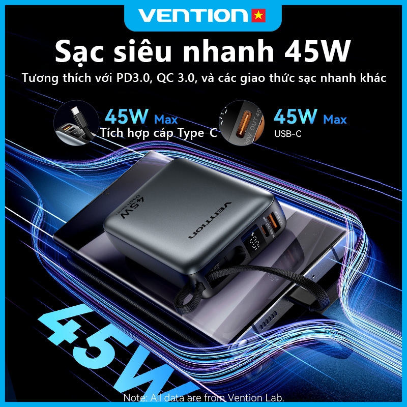 Sạc Dự Phòng 45W Vention 20000mAh Hỗ Trợ PD, QC, Tích Hợp Dây Type-C Cho Điện Thoại, Tai Nghe Máy Tính Bảng