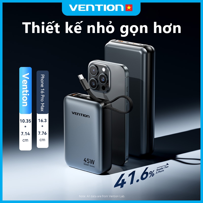 Sạc Dự Phòng 45W Vention 20000mAh Hỗ Trợ PD, QC, Tích Hợp Dây Type-C Cho Điện Thoại, Tai Nghe Máy Tính Bảng