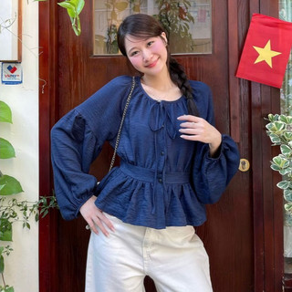 Áo sơ mi nữ cố nơ tay bồng thân bo eo chun lưng chất đũi mềm HaChang - A82