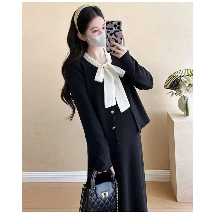 Váy bầu xinh, đầm bầu babydoll set váy 2 dây kèm áo khoác cúc cài thu đông, cổ áo nơ thắt xinh xắn, dáng xinh