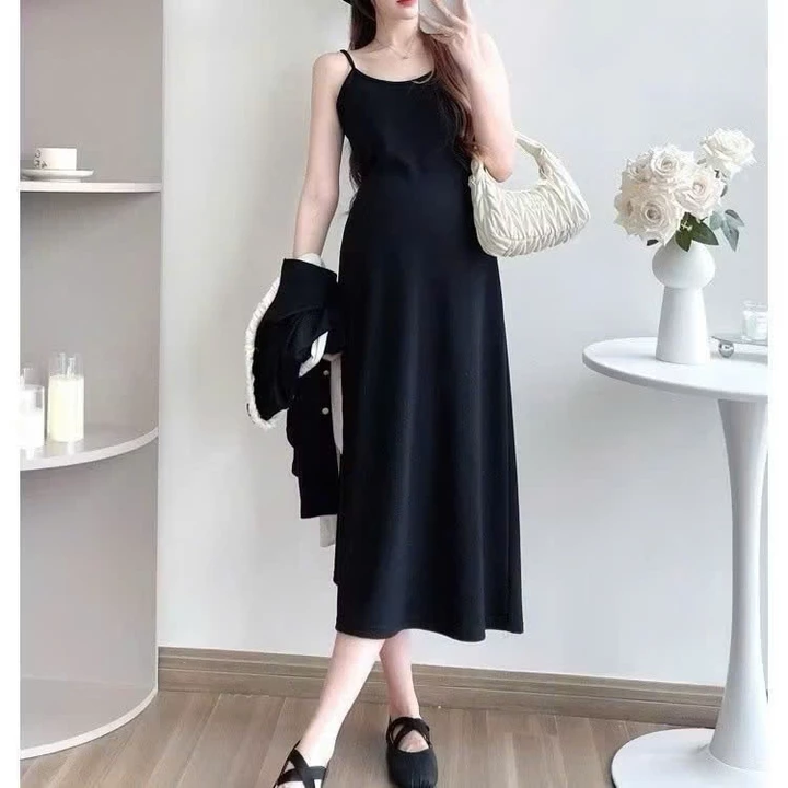 Váy bầu xinh, đầm bầu babydoll set váy 2 dây kèm áo khoác cúc cài thu đông, cổ áo nơ thắt xinh xắn, dáng xinh