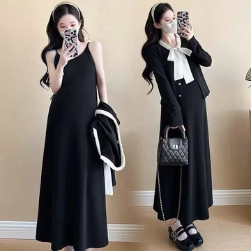 Váy bầu xinh, đầm bầu babydoll set váy 2 dây kèm áo khoác cúc cài thu đông, cổ áo nơ thắt xinh xắn, dáng xinh