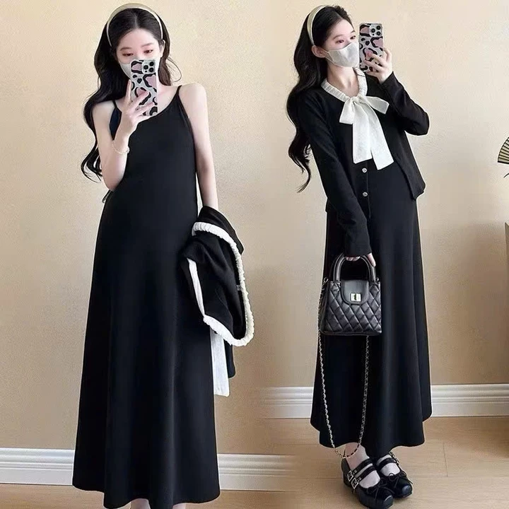 Váy bầu xinh, đầm bầu babydoll set váy 2 dây kèm áo khoác cúc cài thu đông, cổ áo nơ thắt xinh xắn, dáng xinh